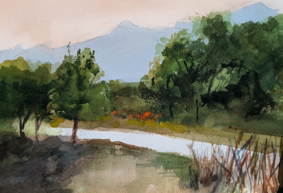 Nancy Lewis: Corn Lake Park in Clifton, Colorado, watercolor painting of a river bend lined with trees and mountains in the background
